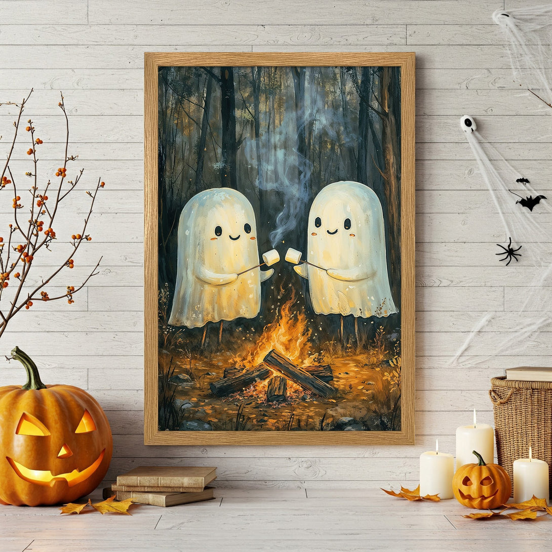 Framed Poster featuring cute ghosts roasting marshmallows by a campfire, autumnal colors. Perfect Halloween decor!