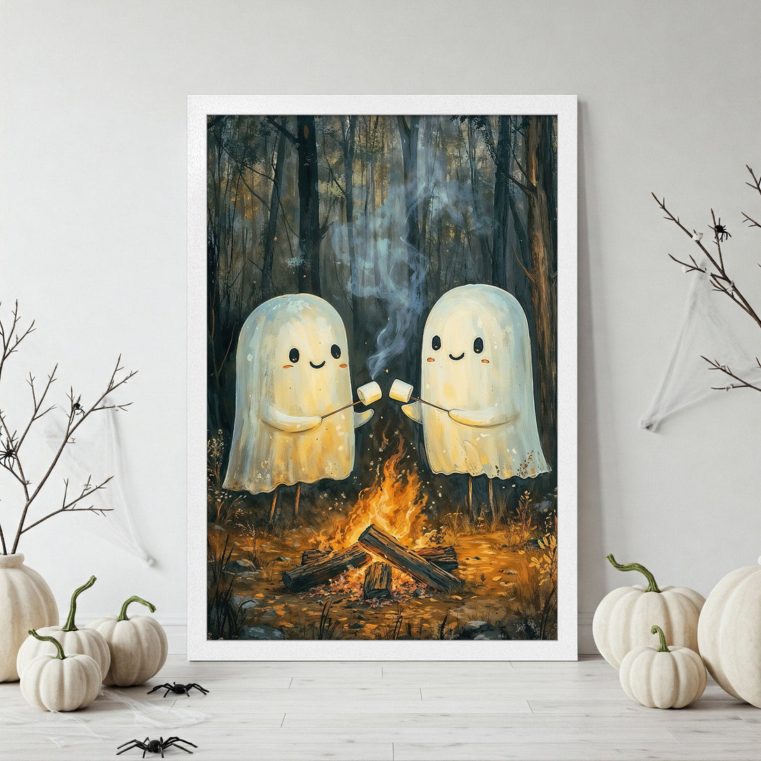 Framed Poster featuring adorable ghosts roasting marshmallows by a campfire in a whimsical style with a warm, autumnal color palette.
