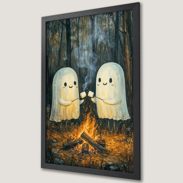 Framed Poster of cute ghosts roasting marshmallows by a campfire in a whimsical, warm-toned forest scene. Perfect for Halloween decor!