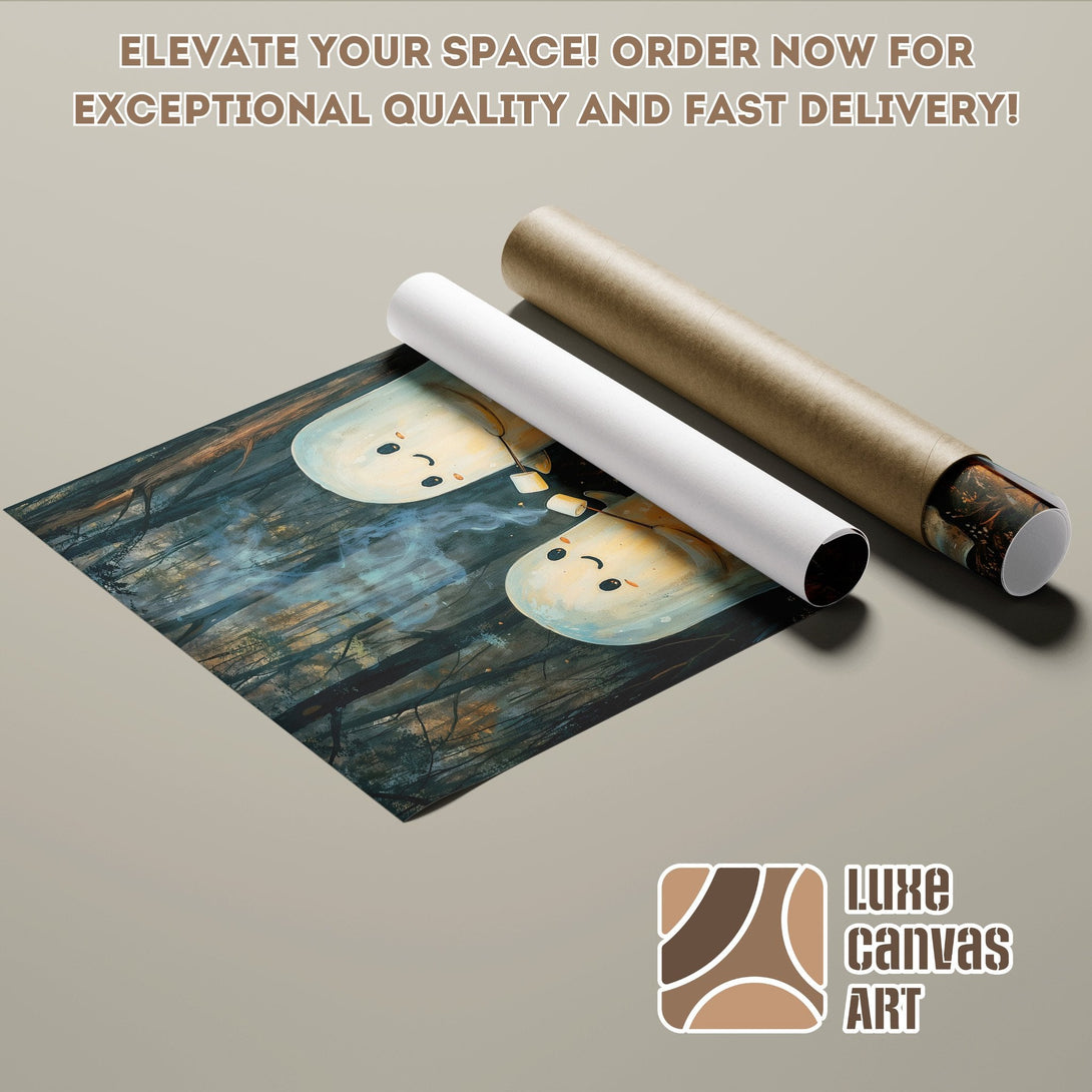 Poster Roll featuring whimsical art. Dark forest scene with cute marshmallow creatures. Earthy tones and blue accents. Order yours today!