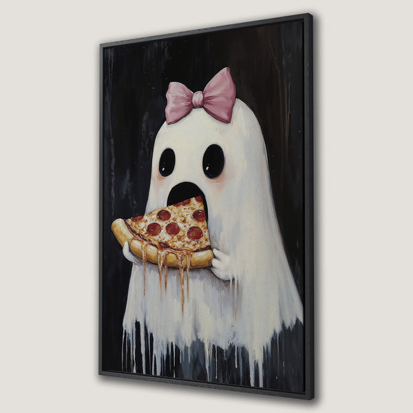 Framed Wall Art: Adorable ghost eating pizza, whimsical pop art style. Black, white, pink, and gold color palette. Perfect for adding personality to your space!