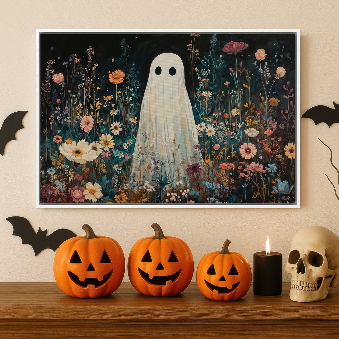 Framed Wall Art: Spooky ghost in a floral garden. Dark, moody color palette with pops of pink, orange, and blue. Perfect Halloween decor.