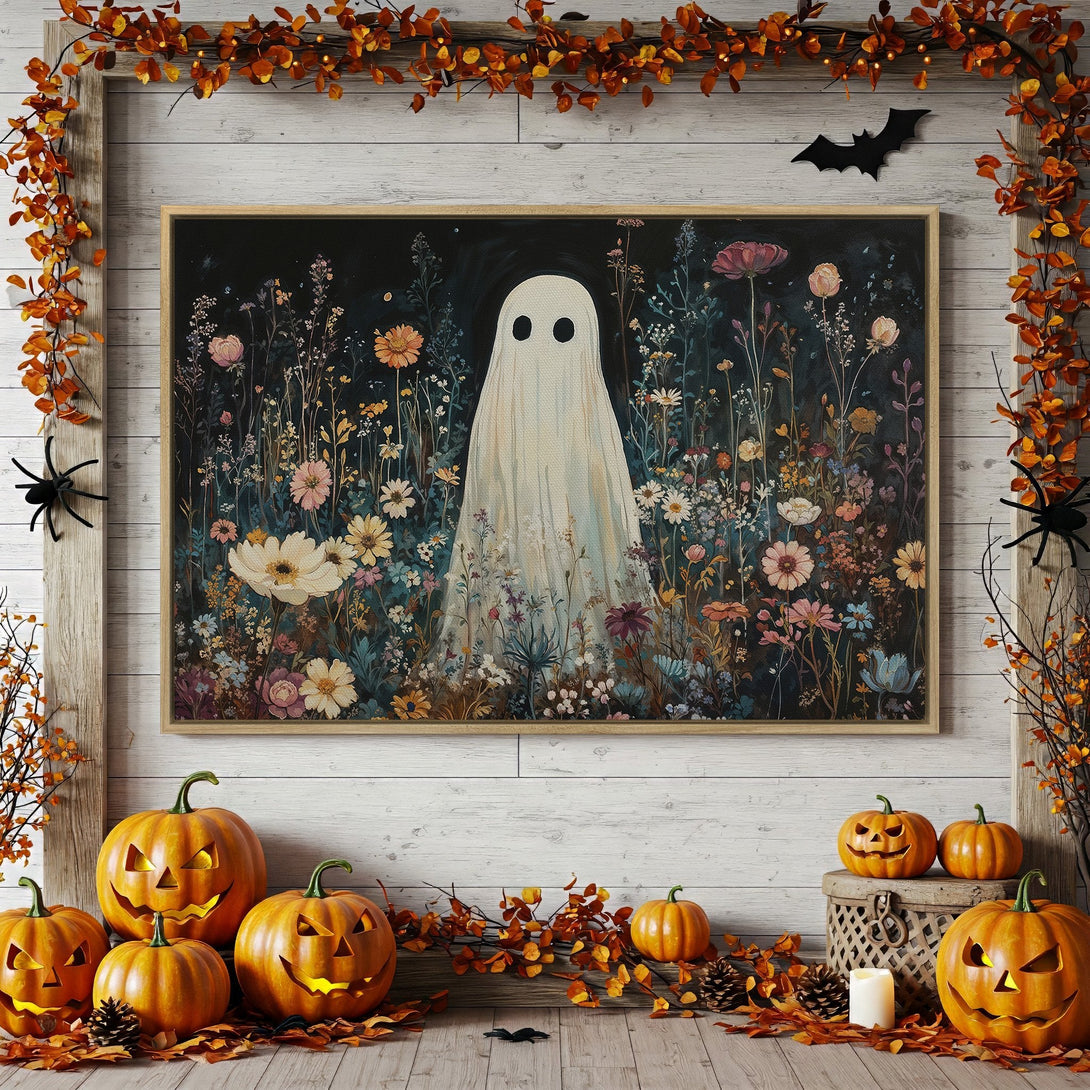 Framed Wall Art: Spooky ghost in a floral field. Autumnal color palette. Perfect Halloween decor.