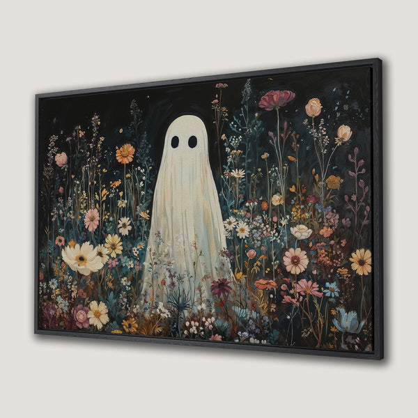 Framed Wall Art: Whimsical ghost in a flower field. Dark, moody color palette with pops of pastel pink, yellow, and blue. Perfect for Halloween decor.