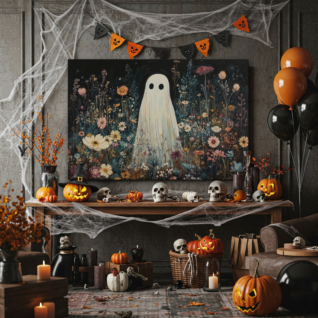 Framed Wall Art: Spooky ghost in a floral garden, dark moody palette. Perfect Halloween decor! Add a touch of whimsy with this Canvas Print.