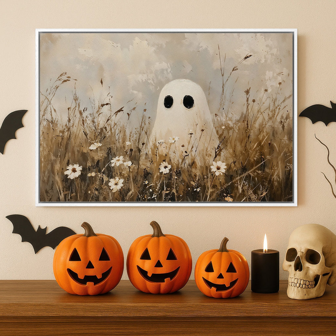 Framed Wall Art: Spooky ghost painting in neutral tones. Perfect Halloween decor! Featuring a ghost in a field of flowers, a warm, inviting color palette.