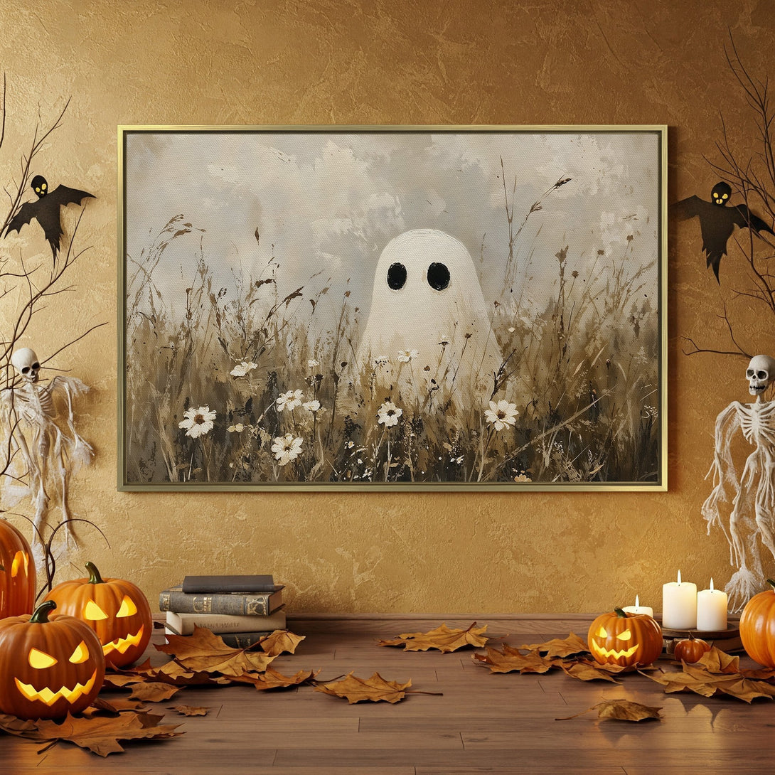 Canvas Print featuring a whimsical ghost in a field, perfect for Halloween decor. Neutral color palette with orange accents. Shop now for spooky art!