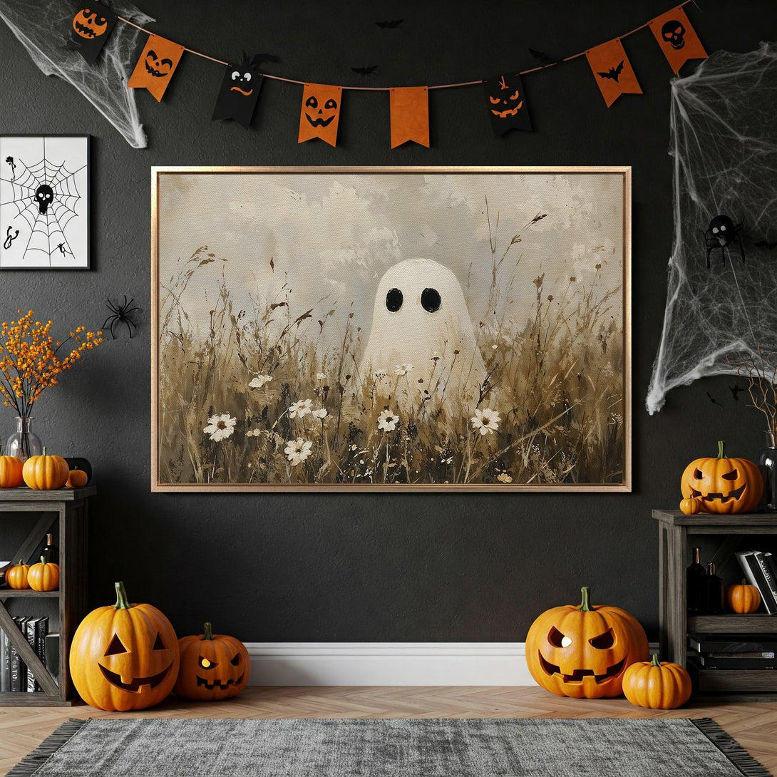 Framed Wall Art: Spooky ghost painting in neutral tones. Perfect Halloween decor, featuring a ghost in a field. Adds a touch of eerie charm to any space.