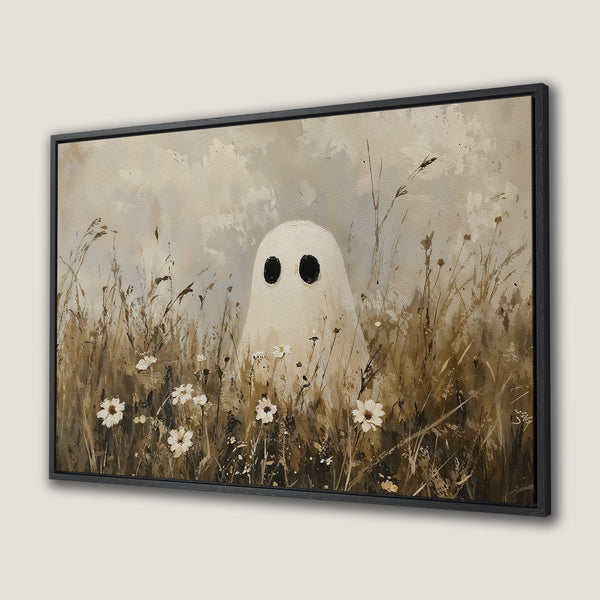 Framed Wall Art: Whimsical ghost in a field, painted in a muted, earthy color palette. Perfect for adding a touch of spooky charm to your home decor.
