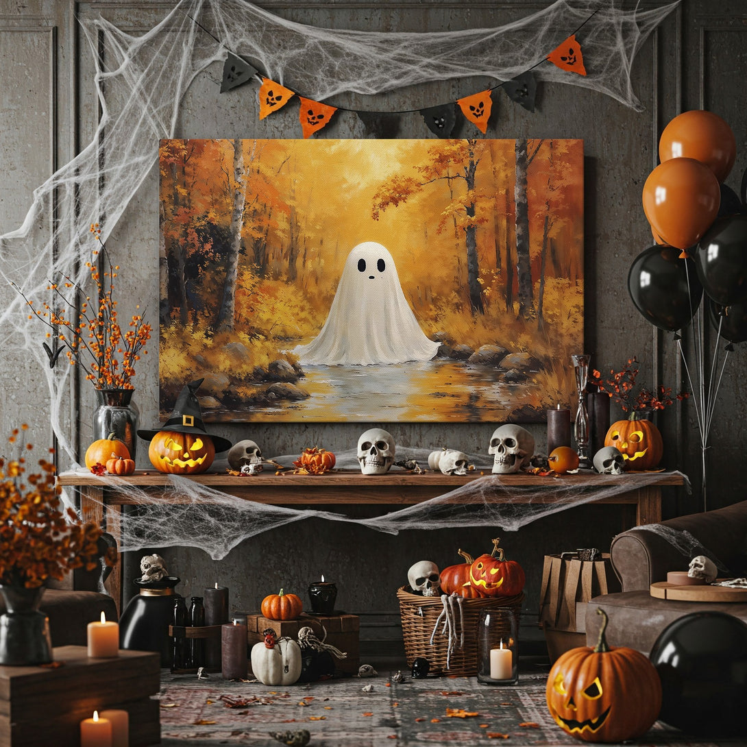 Framed Wall Art: Spooky ghost in autumn forest scene, warm orange & yellow tones. Perfect Halloween decor! Canvas Print for your home.