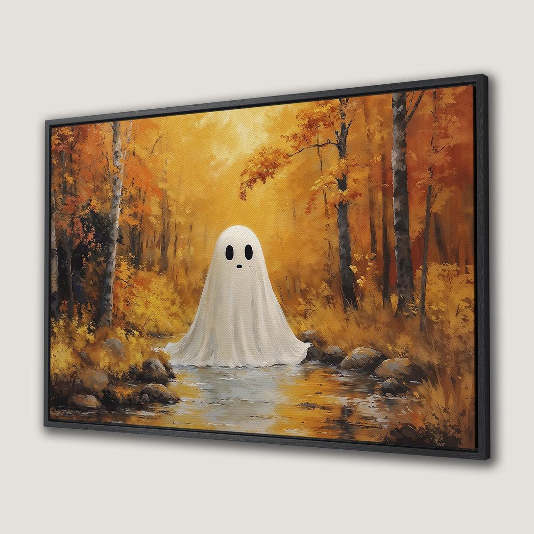 Framed Wall Art: Whimsical ghost in autumn forest. Warm orange & yellow palette. Perfect Halloween decor. Canvas Print for cozy, spooky vibes.