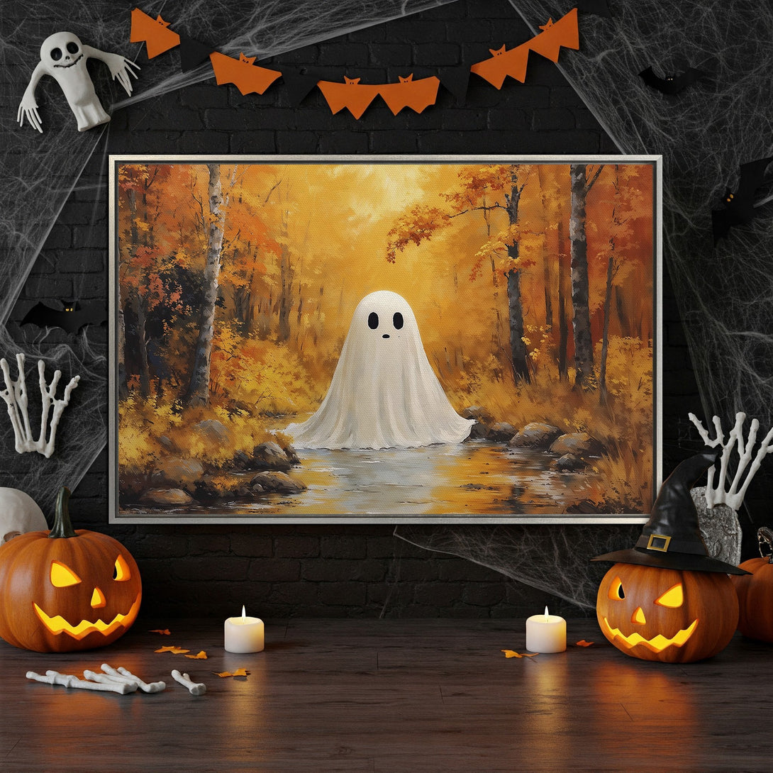 Framed Wall Art: Spooky ghost in autumn forest painting, warm orange & yellow tones. Perfect Halloween decor for your home. Canvas Print available!
