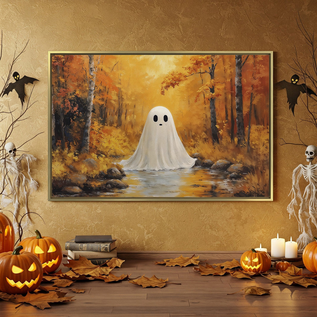 Halloween Canvas Print featuring a whimsical ghost in a fall forest scene. Warm orange and yellow hues create a spooky yet inviting atmosphere. Perfect for seasonal decor!