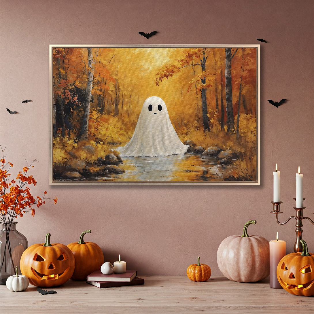 Framed Wall Art: Spooky ghost in autumn forest, warm orange & yellow tones. Perfect Halloween decor. Add a touch of eerie charm to your space!