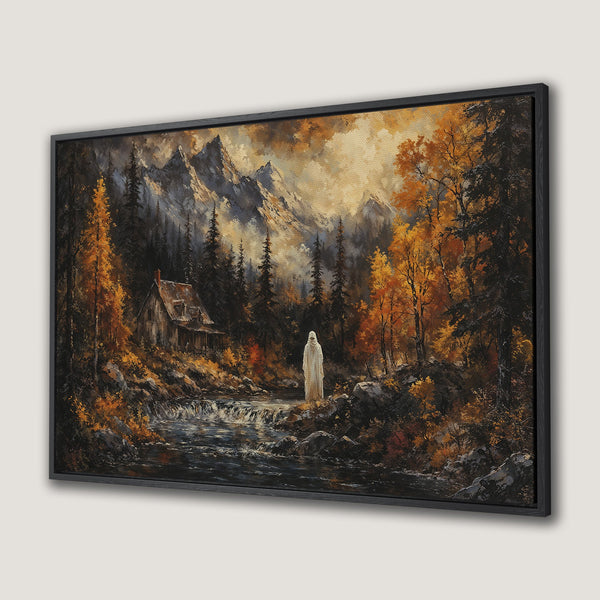 Framed Wall Art: Majestic landscape Canvas Print featuring a cabin, mountains, and a figure. Warm autumn color palette with a classic, painterly style.