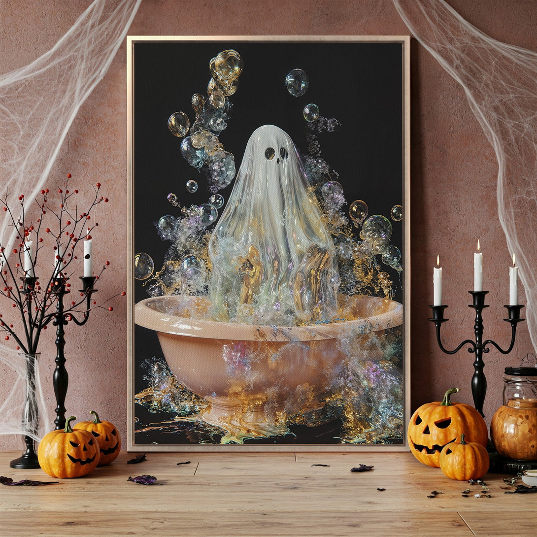 Framed Wall Art featuring a whimsical ghost in a bathtub with bubbles, set in a Halloween-themed interior with warm, earthy tones and spooky decor.