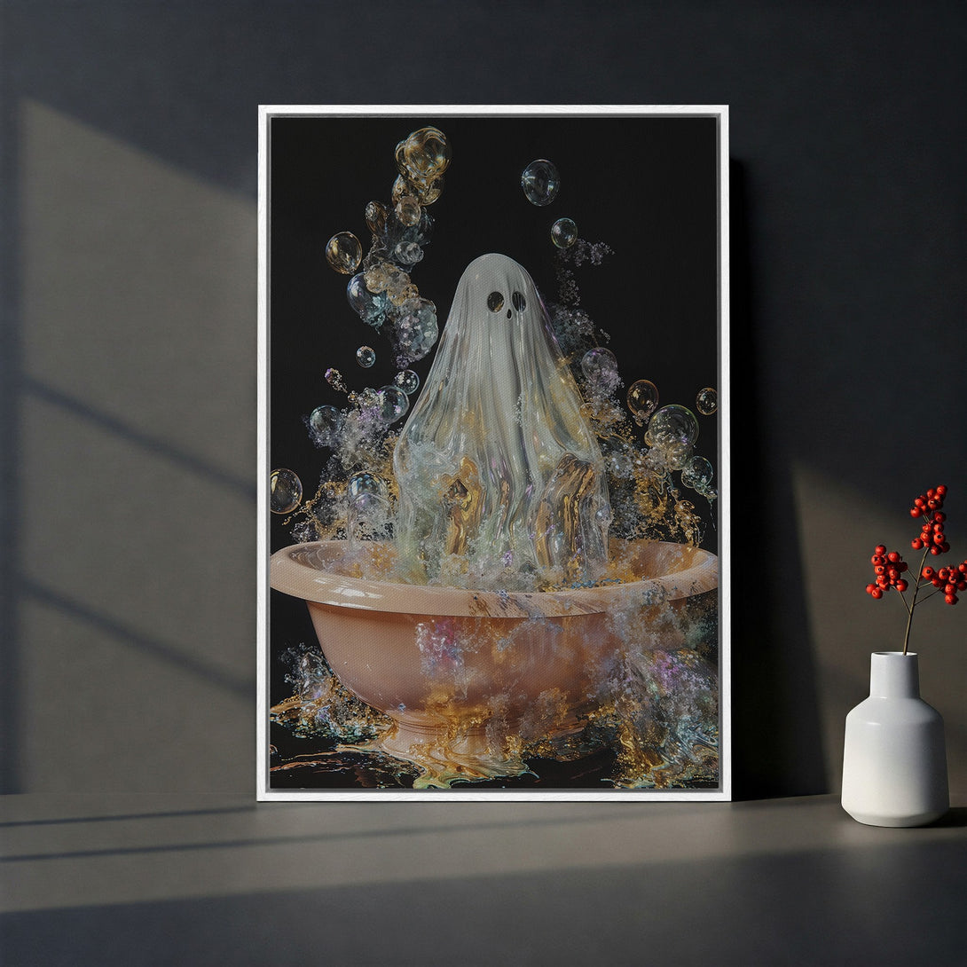Framed Wall Art: Spooky ghost in a bathtub with bubbles. Surreal art with a dark, moody color palette. Perfect for Halloween decor.