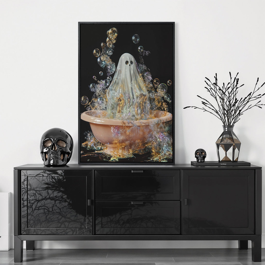 Framed Wall Art featuring a whimsical ghost in a bathtub with bubbles. Modern, surreal style with a dark, moody color palette. Perfect for Halloween decor!