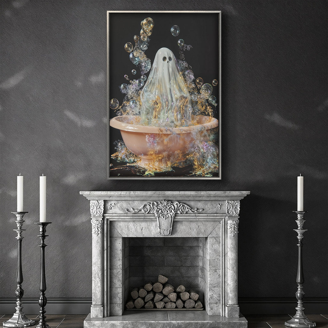 Framed Wall Art featuring a whimsical ghost in a bathtub, surreal style, with a dark, moody color palette. Perfect for adding a unique touch!