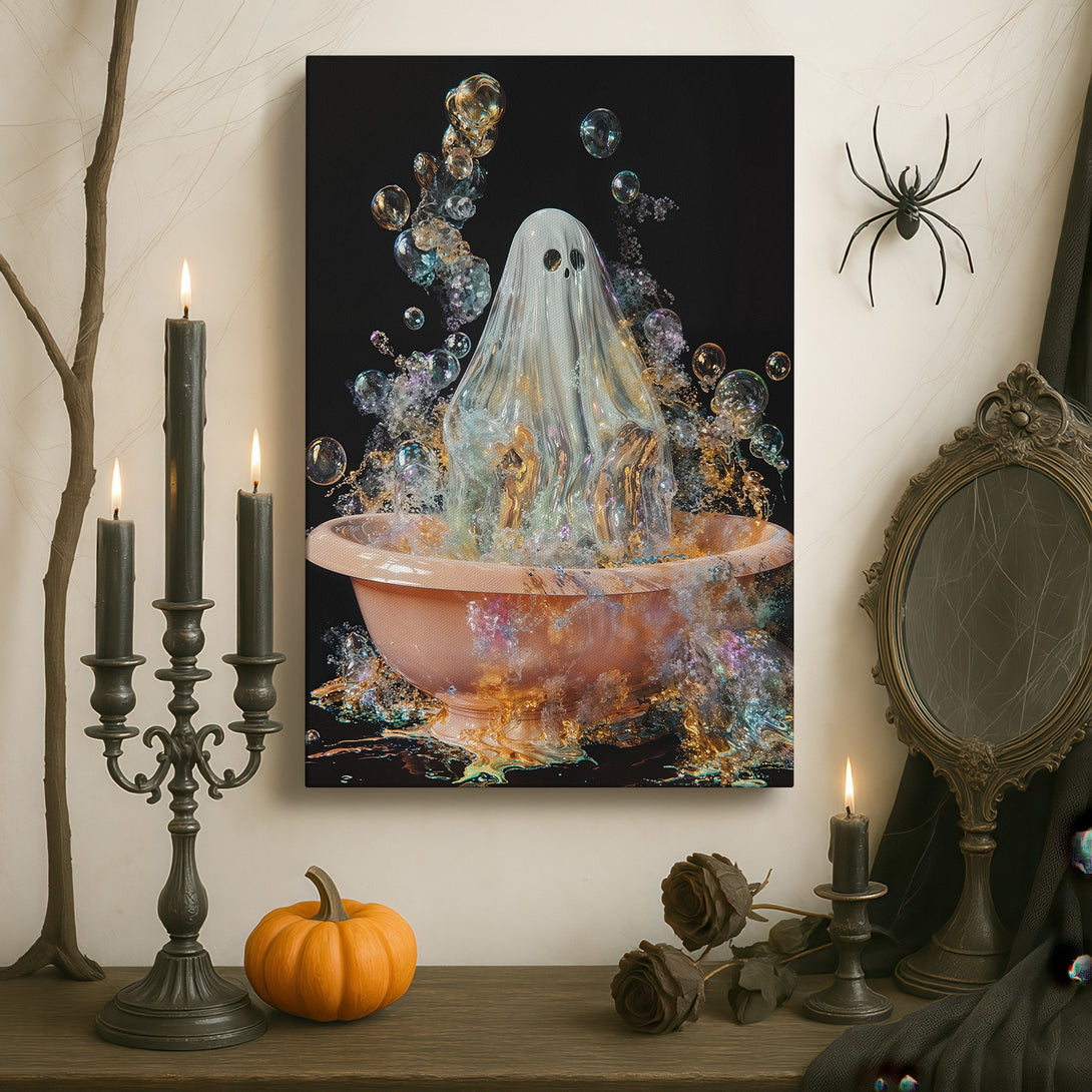 Framed Wall Art: Whimsical ghost in a bathtub, dark & moody with gold accents. Perfect for adding a unique touch to your home decor.