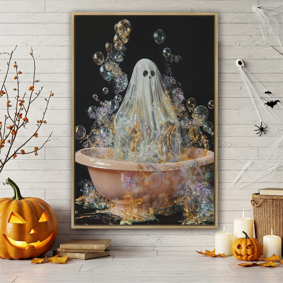Framed Wall Art: Spooky ghost in a bathtub with bubbles. Halloween-themed art with a black background, and a gold, pink, and white color palette. Perfect for seasonal decor.