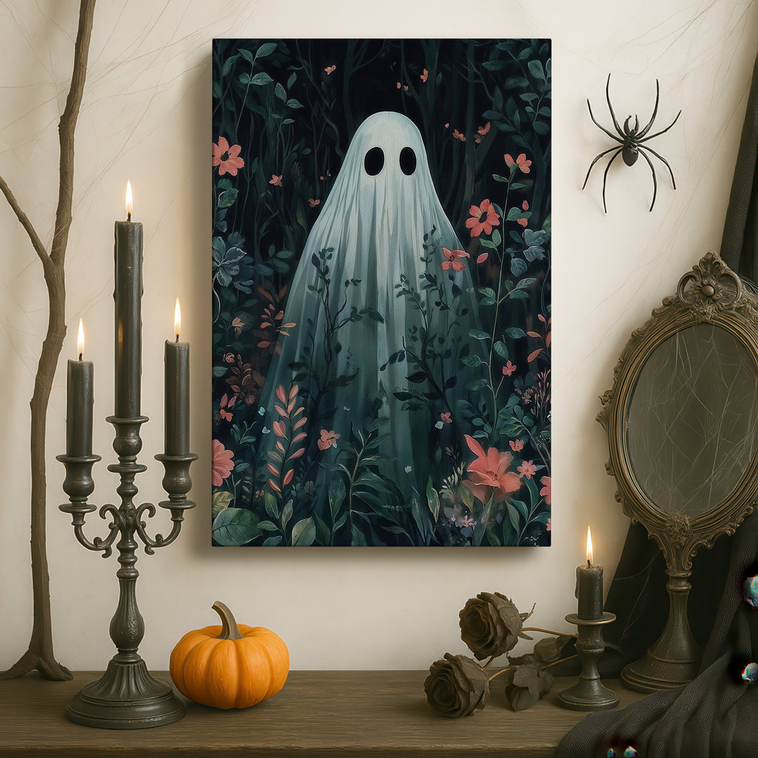 Framed Wall Art: Whimsical ghost canvas print in a dark, moody interior. Features a playful ghost in a floral forest, with a dark green and pink palette.