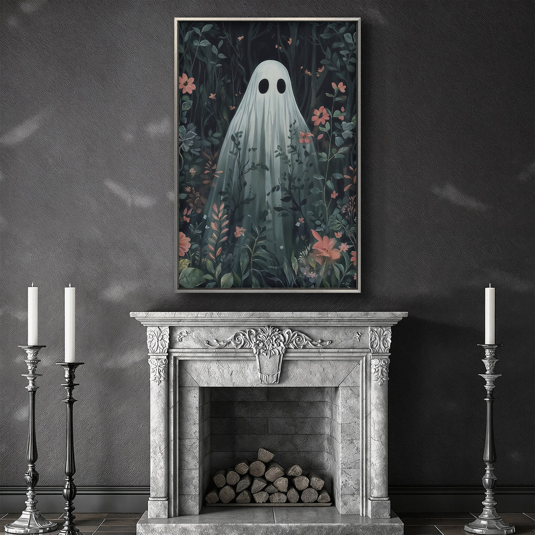 Framed Wall Art featuring a whimsical ghost in a forest, with a moody, dark green and pink color palette. Perfect for Halloween decor!