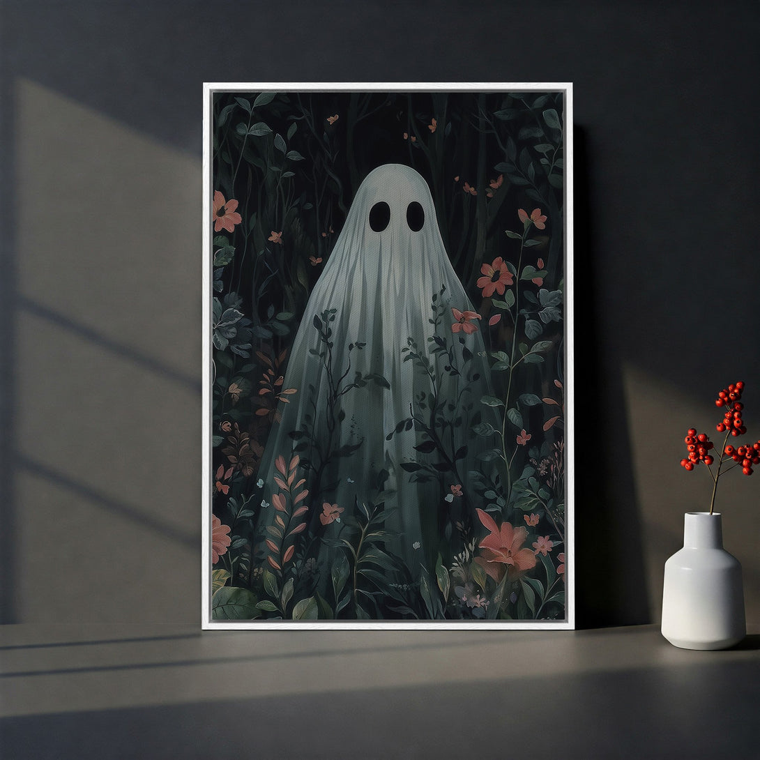 Framed Wall Art: Spooky ghost in a floral forest, dark green and coral palette. Perfect for Halloween decor or adding a touch of whimsy to your space.