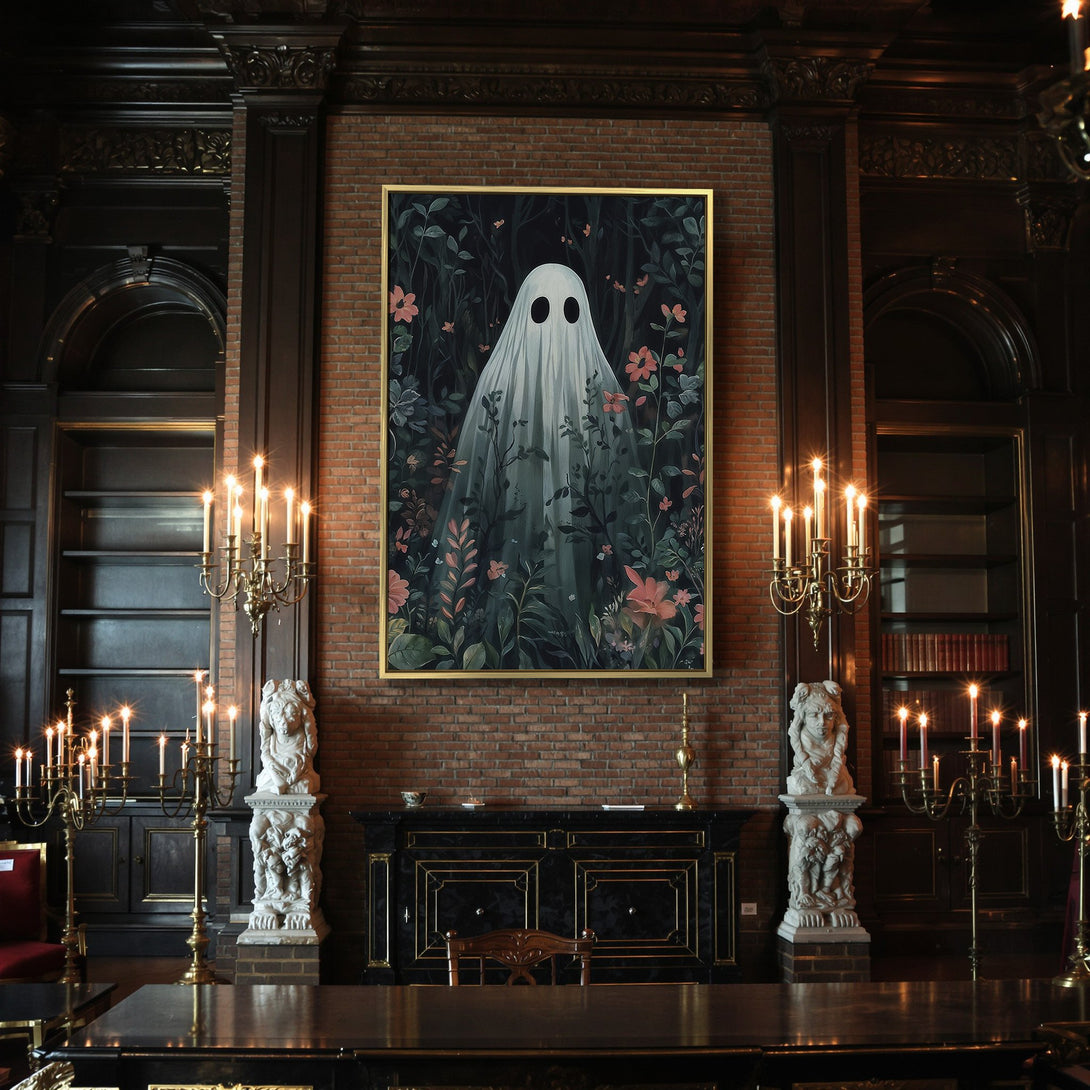Canvas Print: Spooky ghost art in a dark, floral setting. Featuring a whimsical, ethereal style with a moody green and pink color palette. Perfect Halloween decor.