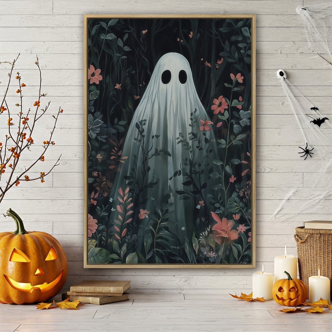Framed Wall Art featuring a whimsical ghost in a dark floral setting. Moody, artistic style with a dark green, pink, and white color palette, perfect for Halloween decor.