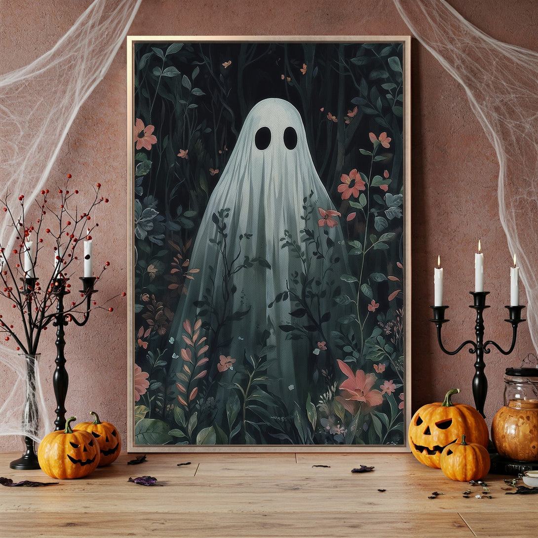 Framed Wall Art: Spooky ghost in a floral forest, dark green and pink color palette. Perfect Halloween decor for a touch of eerie elegance.