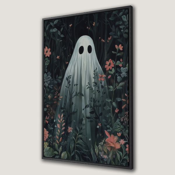Framed Wall Art: Spooky ghost in a whimsical forest scene. Dark, moody color palette with pops of coral and green. Perfect Halloween decor!