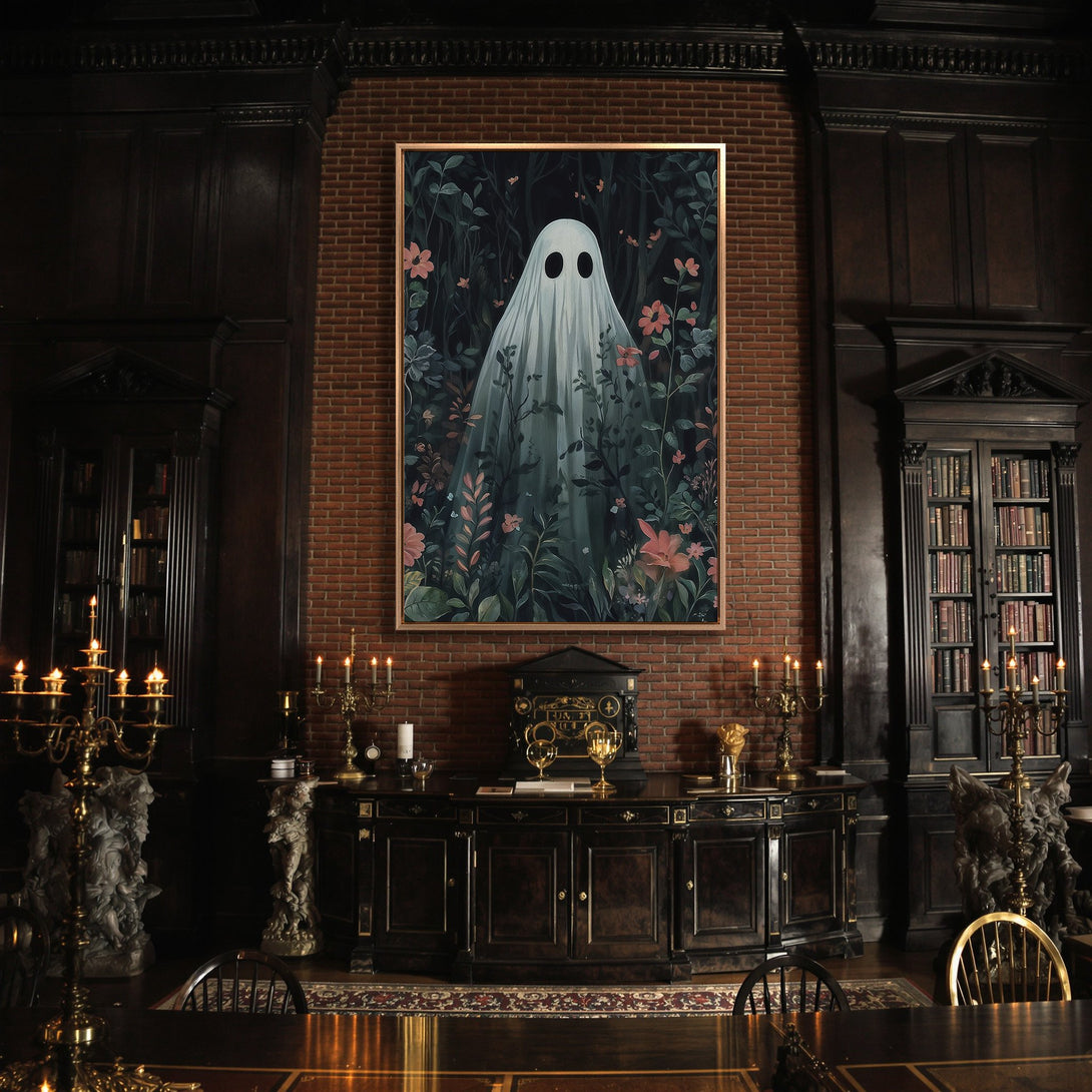 Framed Wall Art: Ghost in floral forest. Gothic style Canvas Print in dark green, pink, and black color palette, perfect for Halloween decor.
