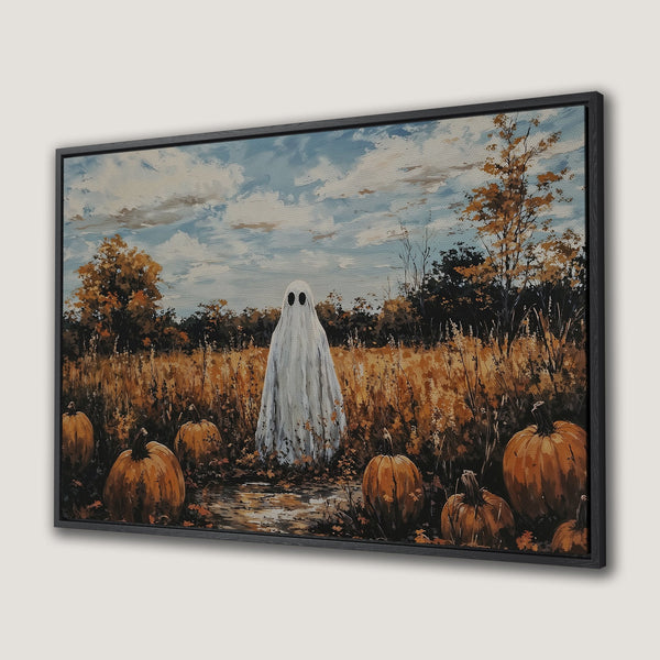 Framed Wall Art: Spooky ghost in a field of pumpkins. Rustic style, warm autumn color palette. Perfect Halloween decor.