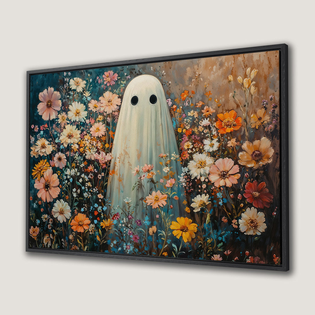 Framed Wall Art: Whimsical ghost in a floral field. Artistic style, warm color palette with blues, oranges, and pinks. Perfect for adding a touch of fun!