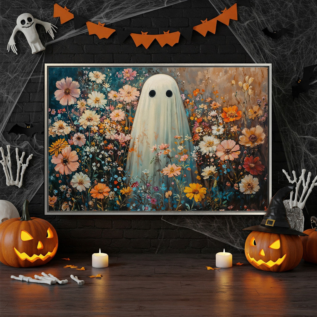 Framed Wall Art: Whimsical ghost in a floral field. Beautiful canvas print with a warm, colorful palette, perfect for Halloween decor.