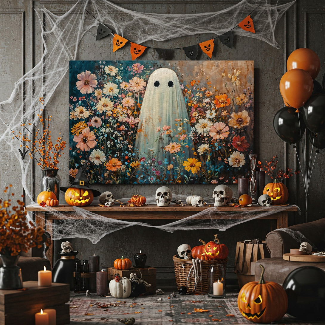 Framed Wall Art: Whimsical ghost in a floral field, vibrant colors. Perfect Halloween decor! Add a touch of spooky charm to your home.