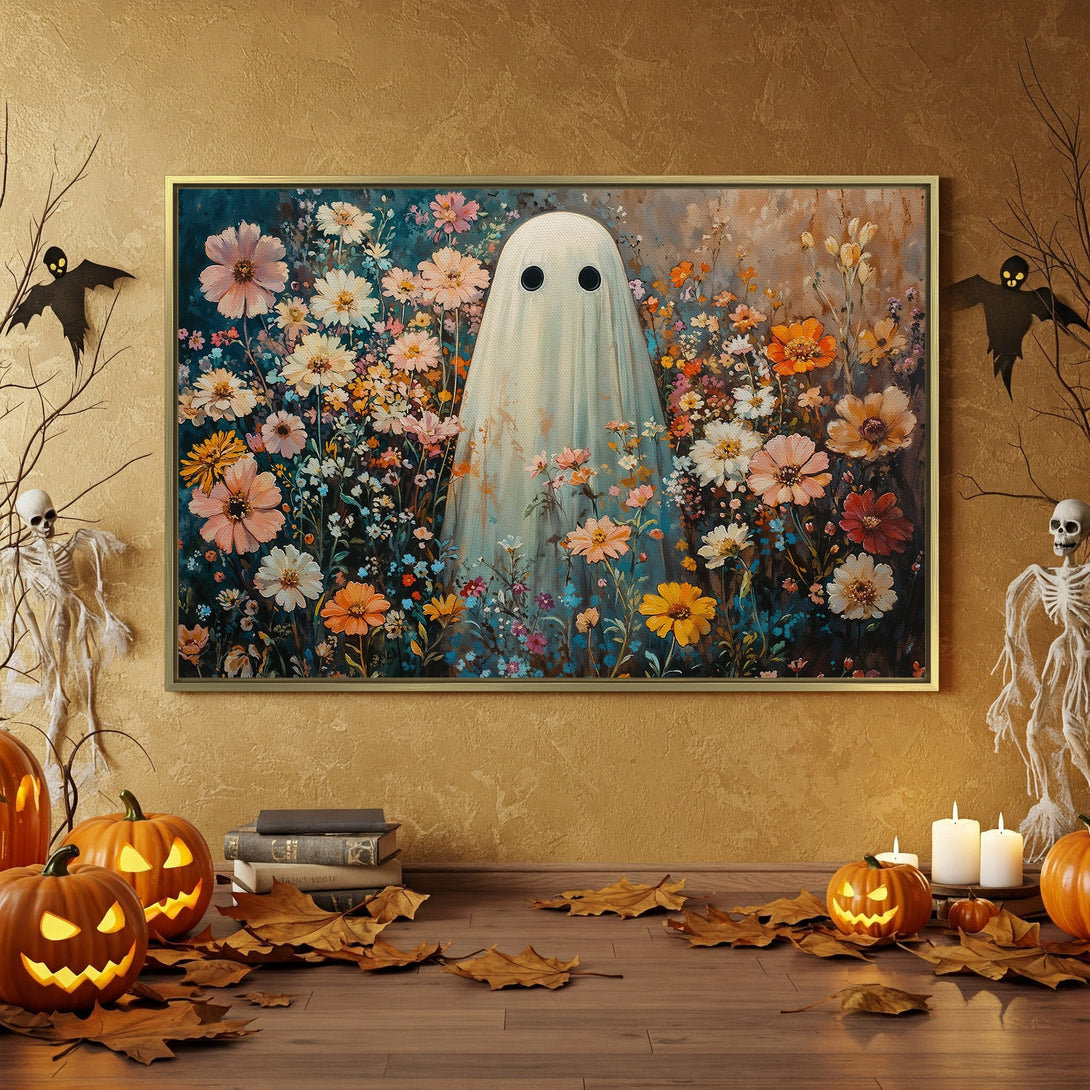 Halloween Canvas Print featuring a whimsical ghost in a floral field, with a vibrant, colorful palette. Perfect spooky decor!