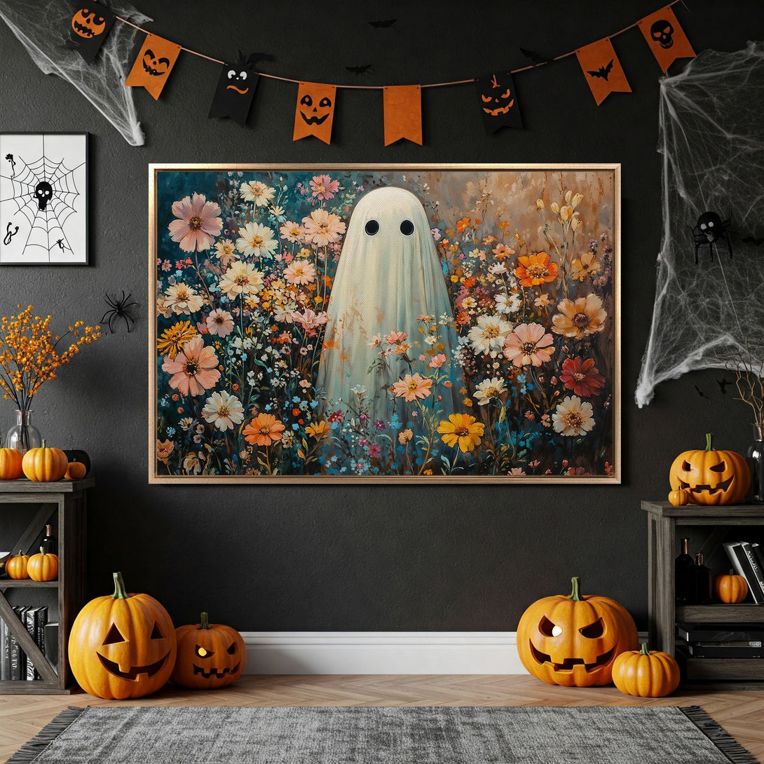 Framed Wall Art: Whimsical ghost in a floral field, perfect for Halloween decor. Features a warm, autumnal color palette. Add a touch of spooky charm!
