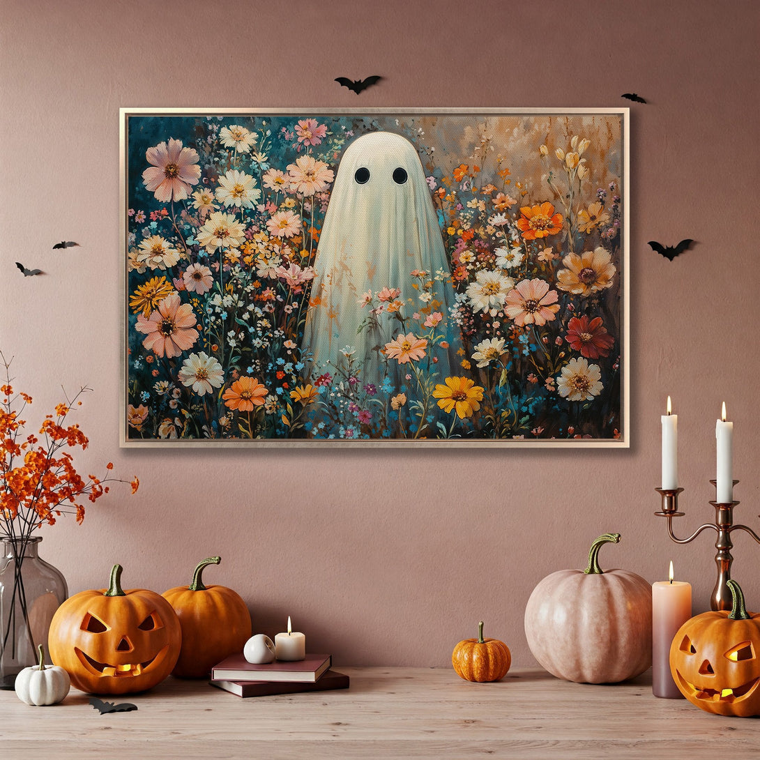 Framed Wall Art: Whimsical ghost in a floral field, vibrant colors. Perfect Halloween decor! Add a touch of spooky charm to your space.