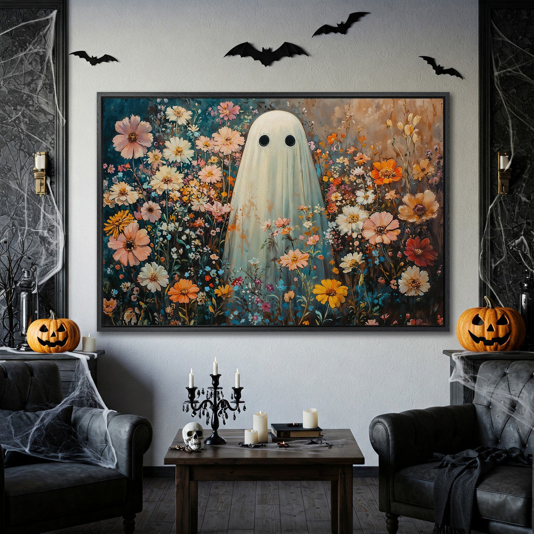Framed Wall Art: Whimsical ghost in a flower field, vibrant colors. Perfect Halloween decor! Shop our Canvas Print collection today.
