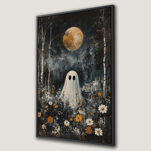 Framed Wall Art: Spooky ghost in a whimsical forest scene. Dark, moody palette with pops of orange and white. Perfect Halloween decor!