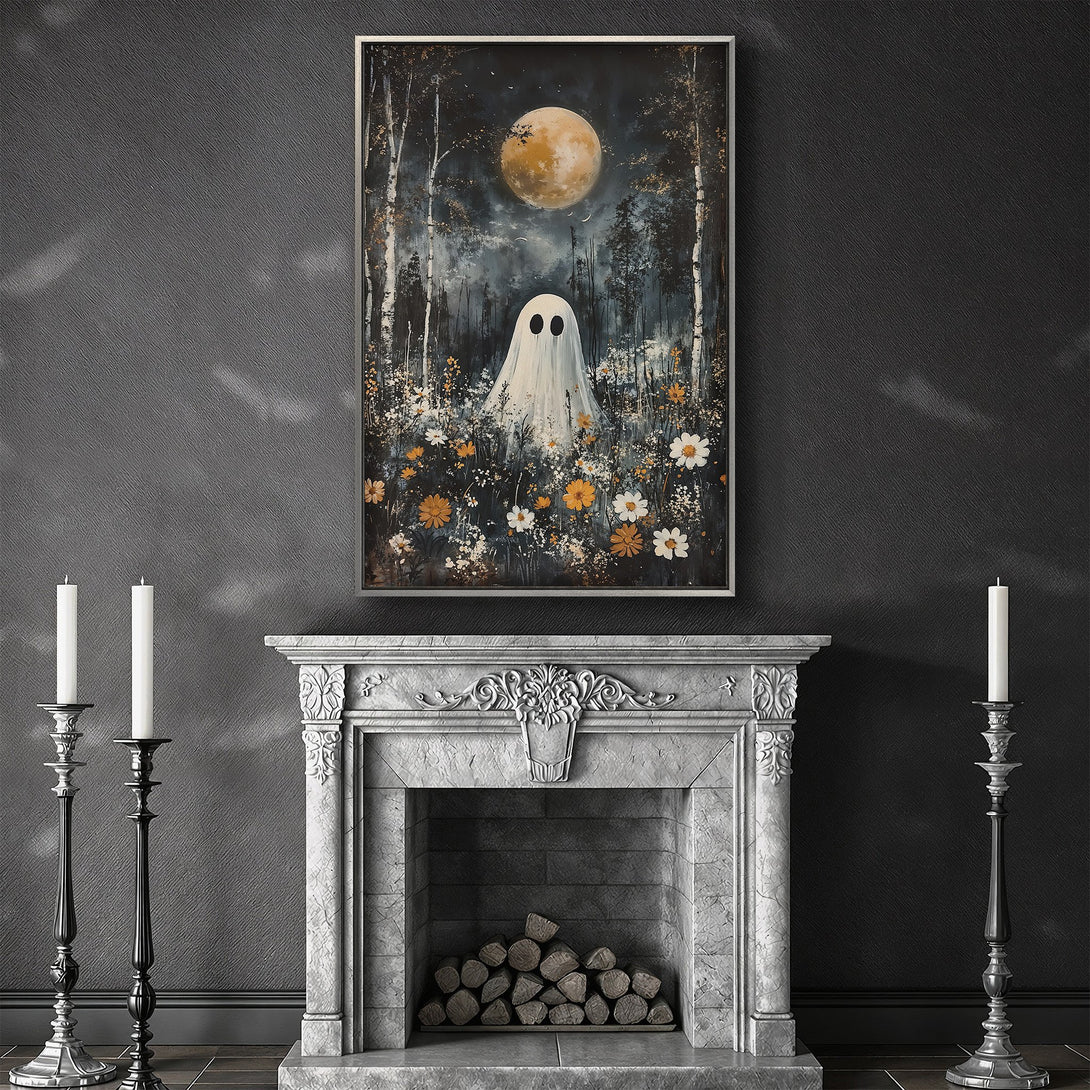 Framed Wall Art: Spooky ghost in a whimsical forest scene. Dark, moody color palette with pops of yellow and white. Perfect Halloween decor.