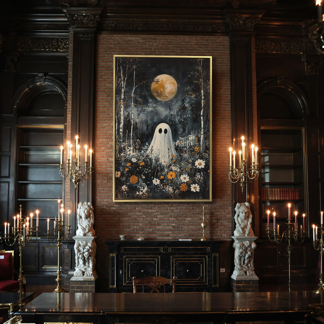 Canvas Print: Spooky ghost art with a dark, moody color palette. Perfect Halloween decor! Features a ghost in a forest with orange and white flowers.