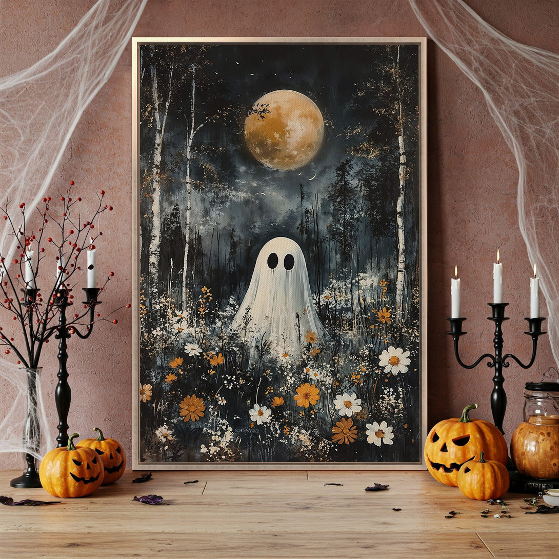 Framed Wall Art: Spooky ghost in a forest scene with a full moon, featuring a dark, moody color palette. Perfect Halloween decor!