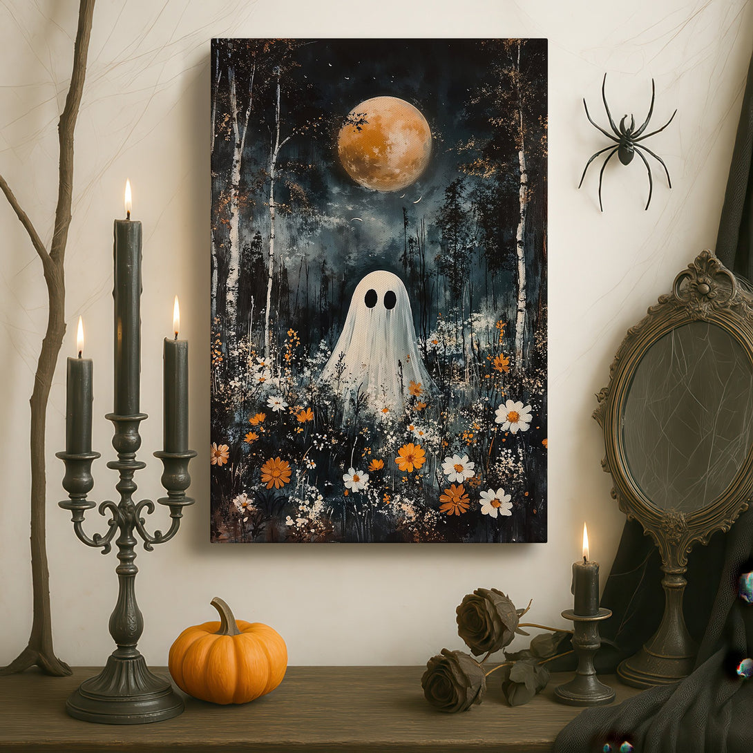 Framed Wall Art: Spooky ghost in a moonlit forest. Whimsical art with a dark, moody palette. Perfect for Halloween decor or unique home styling.