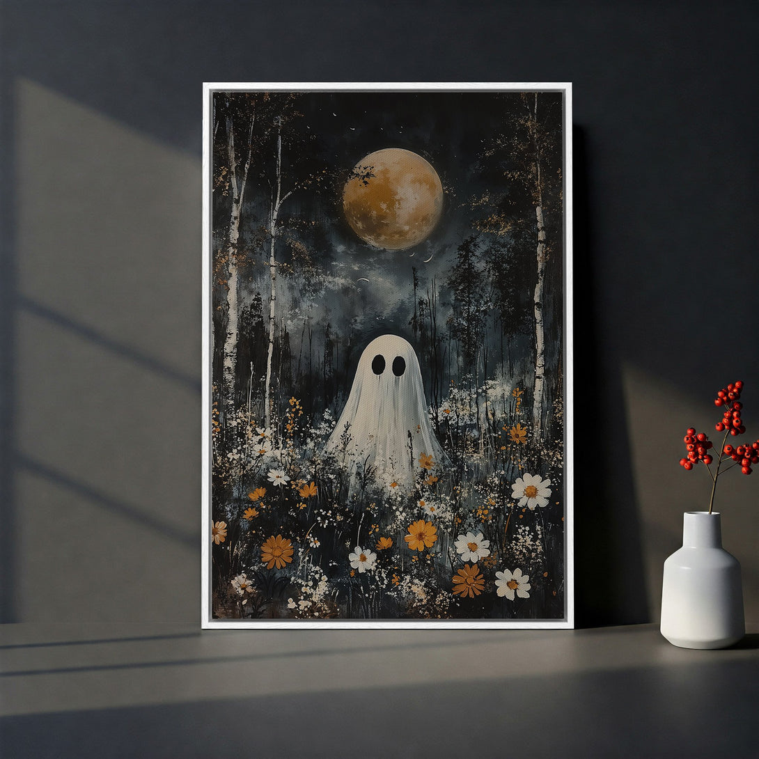 Framed Wall Art: Spooky ghost painting in a dark forest with a full moon. Moody, whimsical art in a muted color palette. Perfect Halloween decor!