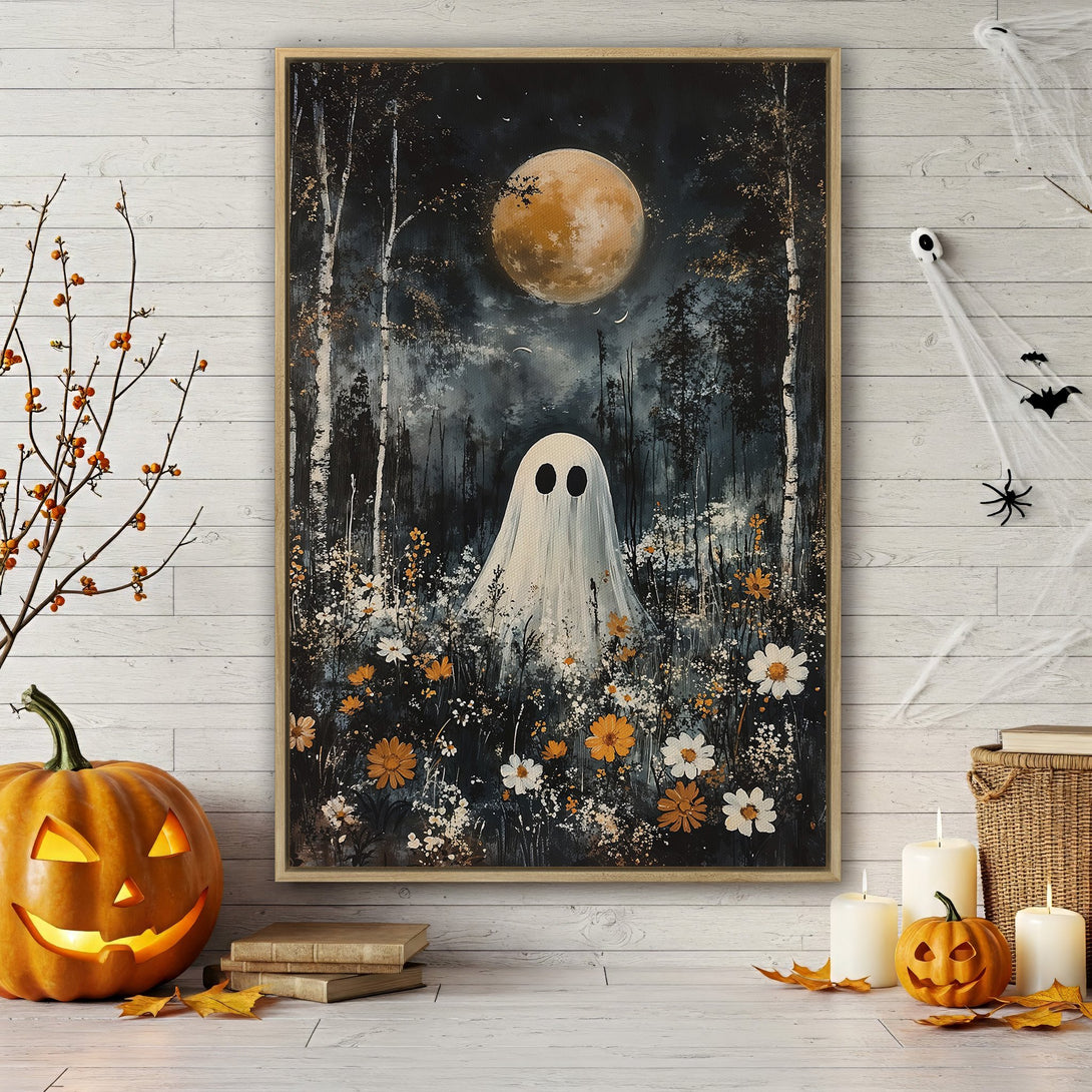 Framed Wall Art featuring a spooky ghost in a forest. Dark, moody color palette with a full moon. Perfect Halloween decor!