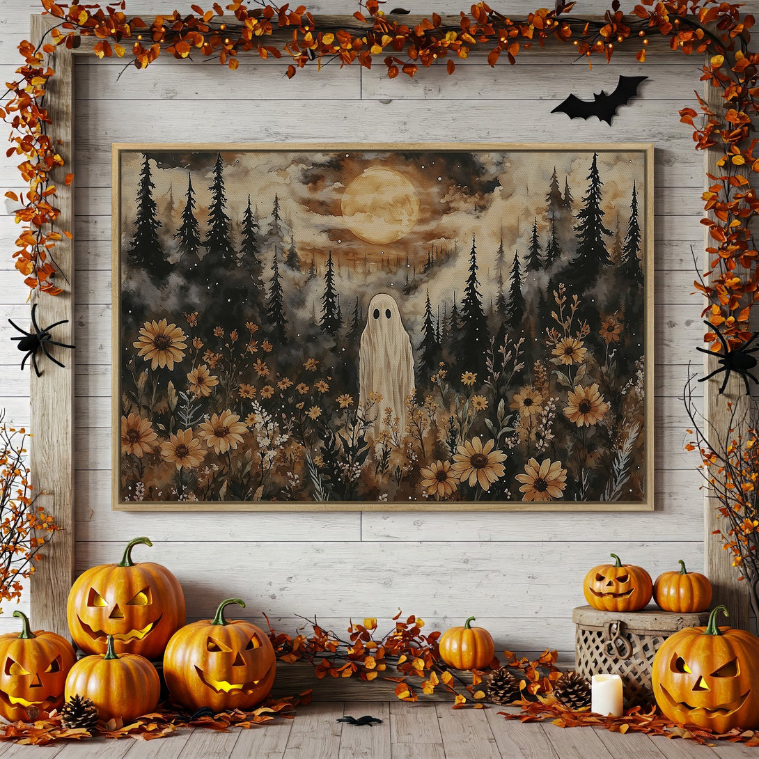 Spooky Halloween Canvas Print with ghost in forest, watercolor style, warm autumnal tones. Perfect for seasonal decor!