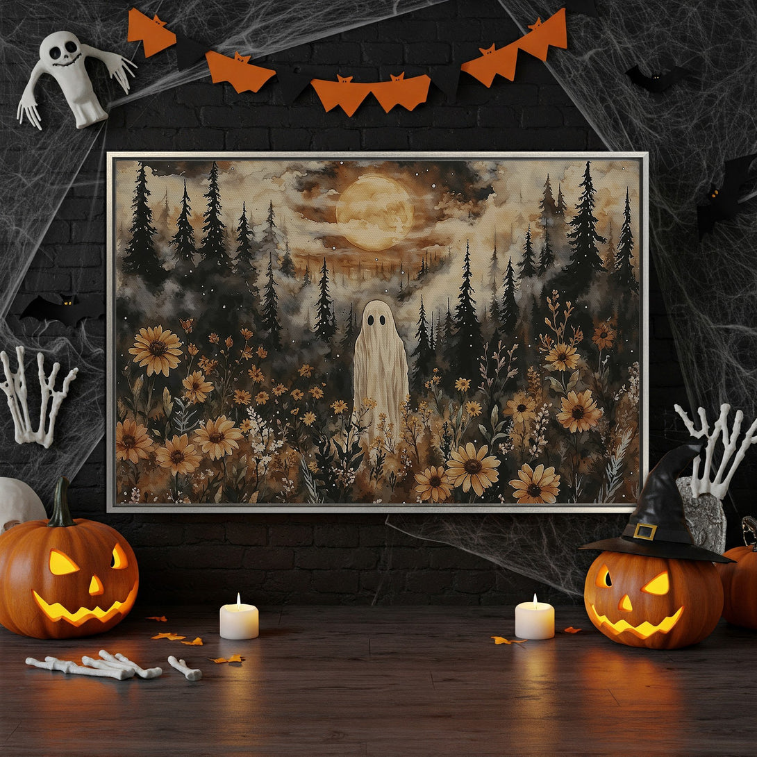 Framed Wall Art: Spooky Halloween scene with a ghost in a forest, warm sepia tones. Perfect for fall decor.